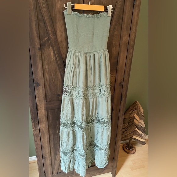 Fashion Nova Dresses & Skirts - Strapless Sage Green Maxi Dress Lace Detailing